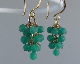 Handmade in Denmark, Frosted Green Agate Muscat Grape Earrings, 24K Gold Sterling Silver