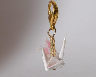 Origami crane charm - white and pink flower