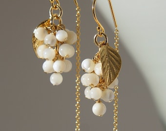 Handmade in Denmark, White Mother of Pearl Grapes Half Threader Earrings