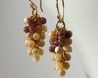 Handmade in Denmark, Lepidolite Grapes Earrings, Mother of Pearl, 24K Gold Sterling Silver
