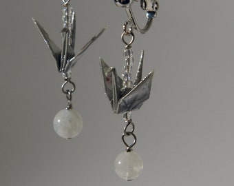 Clip on origami grey crane earrings with moonstone