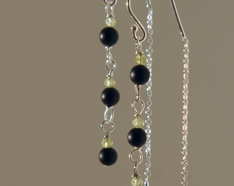 Handmade in Denmark, Tiny peridot and black onyx double threader earrings with 925 sterling silver threader