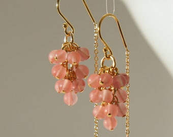 Frosted cherry quartz grapes half threader earrings with 18K gold on 925 sterling siver ear wire