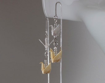 Origami two floors cranes threader earrings - pastel yellow and white cranes