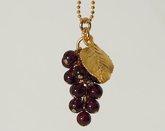 Handmade in Denmark, Red garnet grapes pendant with 14K gold on 925 sterling silver chain - Cluster pendant