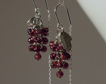 Tiny dark red garnet half thread grapes earrings with 925 sterling silver ear threader