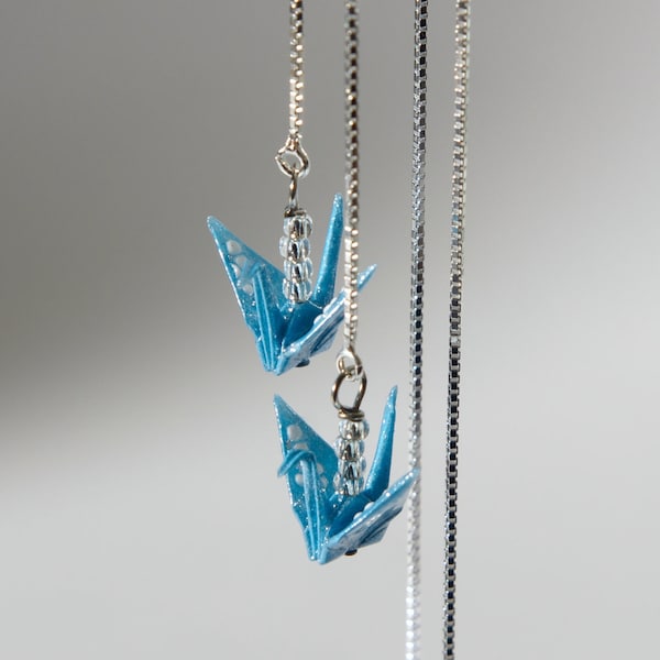 Threader tiny origami crane earrings -  Sky blue crane