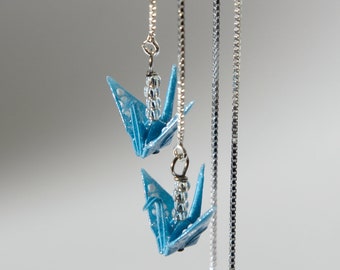Threader tiny origami crane earrings -  Sky blue crane