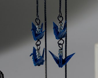 Origami cranes two floor threader earrings - Blue colour cranes with oxidised 925 silver ear threader