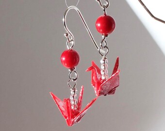 Origami crane earrings with red coral and 925 sterling silver ear wire, Handmade in Denmark