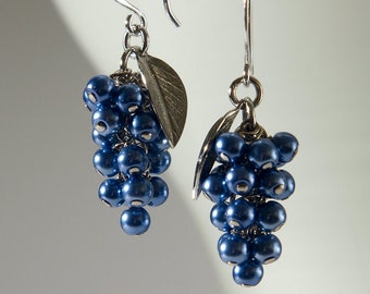 Handmade in Denmark, Metallic blue glass pearls grapes earrings and 925 sterling silver ear wire