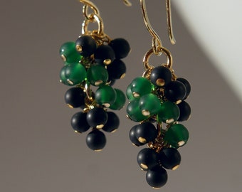 Frosted Green agate and onyx grapes earrings with 24K gold on 925 sterling silver ear wire