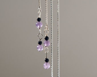 Handmade in Denmark, Tiny amethyst and onyx 925 sterling silver threader earrings
