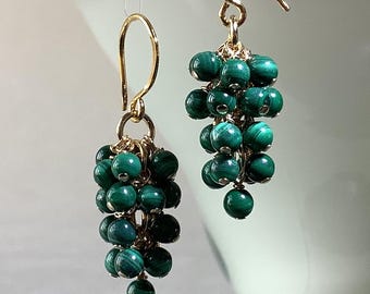 Handmade in Denmark, Malachite cluster earrings with 24K gold on 925 sterling silver ear wire
