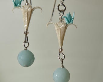 Handmade in Denmark, Micro origami crane on lily earrings - white lilies and aqua blue baby cranes