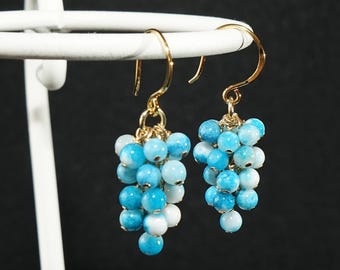 Handmade in Denmark, Larimar Grapes Earrings with 24K Gold on 925 Sterling Silver Ear Wire
