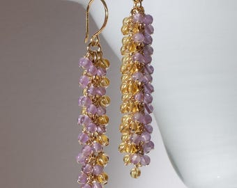 Citrine & Amethyst Wisteria Earrings, 18K Gold on 925 Sterling Silver Ear Wire, Made in Denmark