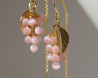 Pink cat’s eye opal grapes half threader earrings with 18K gold on 925 sterling silver ear threader