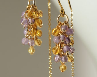 Tiny citrine and amethyst grapes earrings with 18K gold on 925 sterling silver ear wire