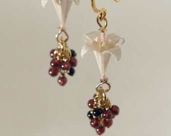 Origami lily, tiny garnet and black onyx earrings with 24 K gold on 925 sterling silver ear wire