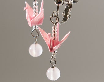 Clip on origami crane earrings, Origami Jewelry - pink and rose quartz