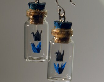 Handmade in Denmark, Micro two floor origami crane mobile in bottle earrings - blue and gray cranes