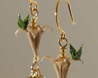 Micro origami cranes on lilies earrings - beige lilies and baby khaki green cranes with Swarovski crystals and pearls