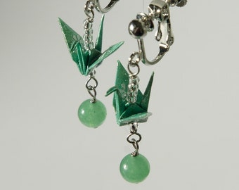 Clip on origami crane earrings with Green Jade - Pale Green, Lucite Green