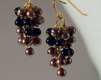 Mocca brown and black glass pearls grapes earrings with 14K gold on 925 sterling silver ear wire