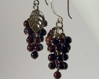 Dark red garnet grapes earrings with 925 sterling silver ear wire