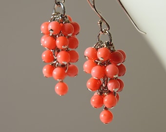 Pink orange coral grapes earrings with 925 sterling silver ear wire
