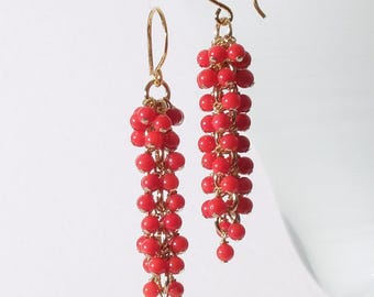 Long coral tiny cluster earrings with 24K gold on 925 sterling silver ear wire, Handmade in Denmark