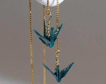 Deep Green Origami Crane Threader Earrings, 18K Gold Vermeil, Sterling Silver, Handmade Denmark