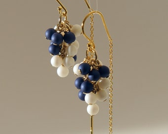 Matte white and royal blue beads cluster earrings with 18K gold on 925 sterling silver ear threader