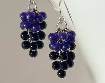 Amethyst and onyx grapes earrings with 925 sterling silver ear wire