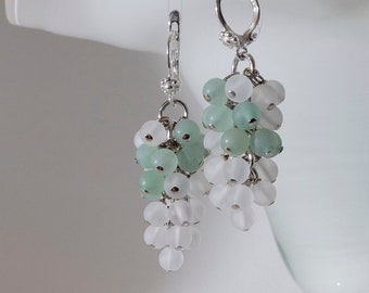 Frosted green aventurine and rock crystal cluster grape earrings with 925 sterling silver ear wire