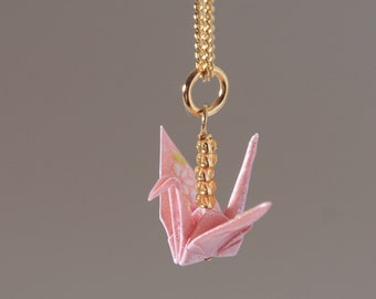Handmade in Denmark, Handmade Pastel Pink Origami Crane Necklace, Lacquered Paper Pendant (17 inch)