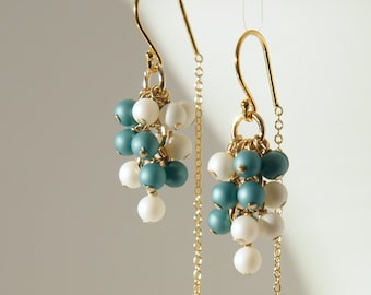 Matte white and emerald green beads cluster half threader earrings with 18K gold on 925 sterling silver ear threader