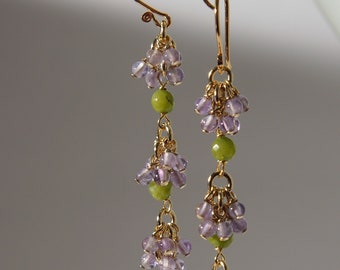 Peridot and lavender amethyst cluster vine earrings with 24k gold on 925 sterling silver ear wire