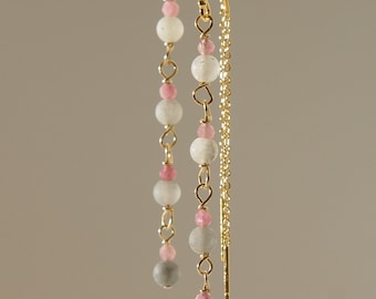 Tiny natural pink tourmaline and frosted grey agate with 18K gold on 925 sterling silver threader earrings