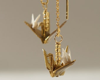 Wedding jewelry, Origami mum and baby crane earrings with 18K gold on 925 sterlings silver ear wire - Gold mum and white baby