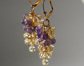 Natural citrine and frosted amethyst cluster earrings with 24K real gold on 925 sterling silver ear wire