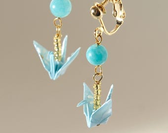 Amazonite and Origami Crane Clip-on Earrings, Handmade in Denmark