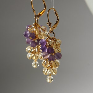 Natural citrine and frosted amethyst cluster earrings with 24K real gold on 925 sterling silver ear wire