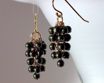 Handmade in Denmark Swarovski Moss Green Pearl Grapes Earrings, 18K Gold Sterling Silver