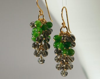 Smoky quartz and Taiwan jade grapes earrings with 24K gold on 925 sterling silver ear wire