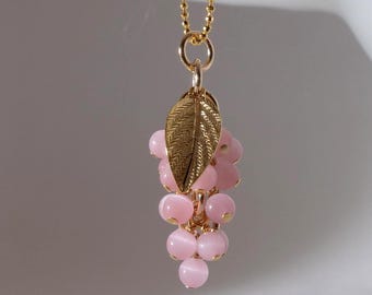 Handmade in Denmark, Grapes pendant with AA pink cat's eye opal with 14K gold on 925 sterling silver chain