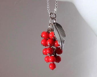 Grapes pendant with AA red coral with 925 sterling silver chain