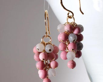 Frosted Inca Rose (Rhodochrosite) and Grey Agate Grapes Earrings with 24K Gold on 925 Sterling Silver Ear Wire, Handmade in Denmark