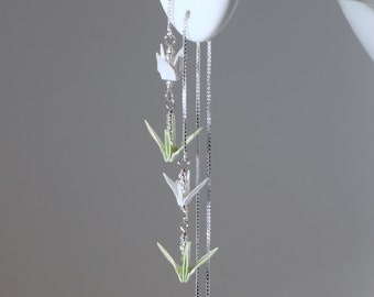 Handmade in Denmark, Origami two floors cranes threader earrings - Pastel green and white cranes